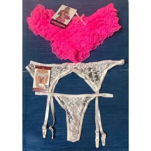 New NWT Pair Lace Garter Matching Thong Plus Size & L Ruffle Neon Pink Hot Pants